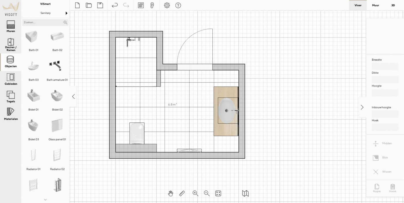 De 3D-ontwerptool met een plattegrond van een badkamer en de objectenbibliotheek