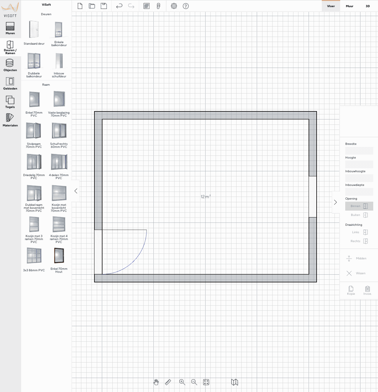 Ontwerptool stap 1: plattegrond van de badkamer met muren, deur en afmetingen
