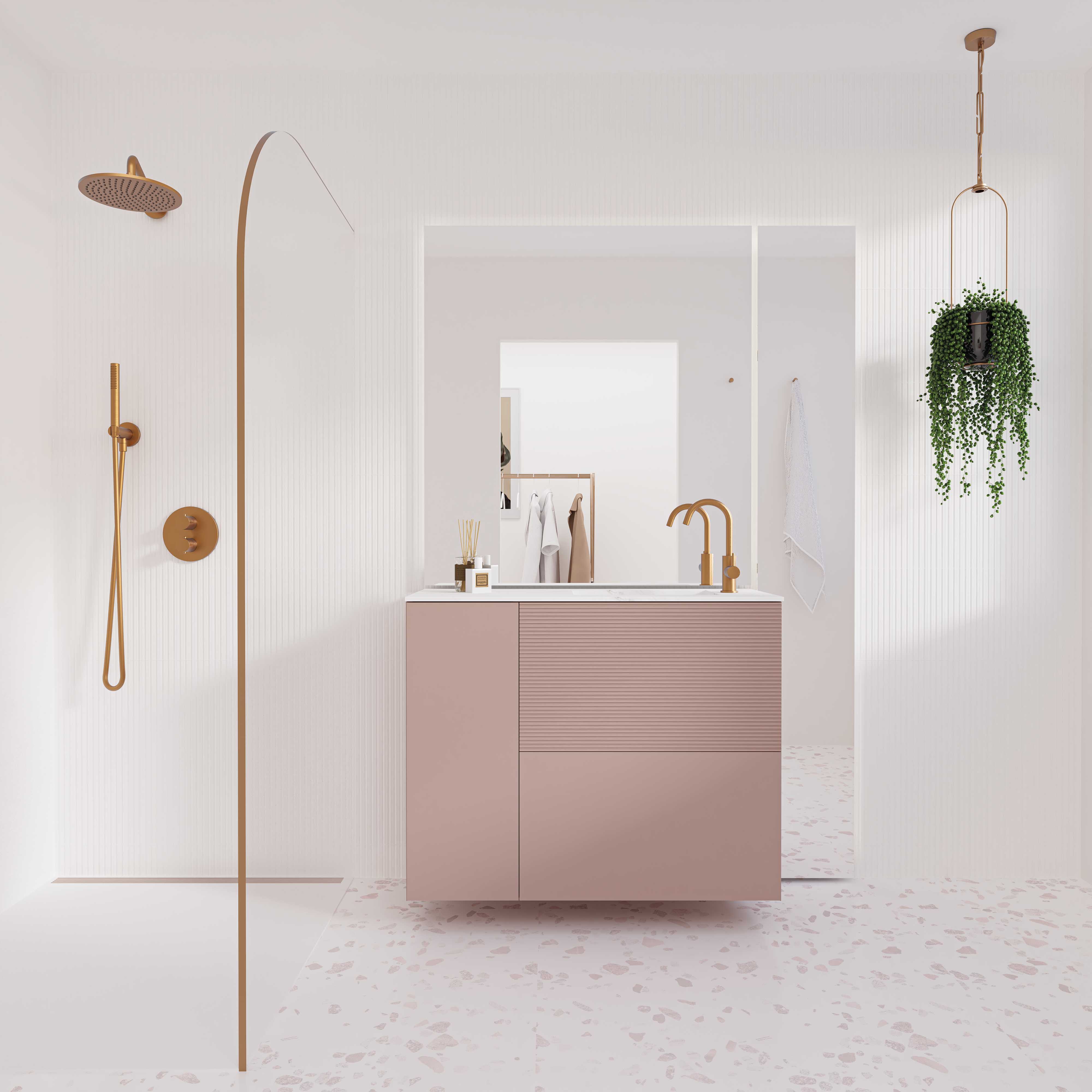 Retro badkamer met roze badmeubel en gouden douche