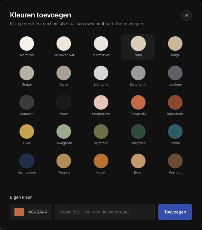 Kleurenpaneel van het moodboard met 25 badkamerkleuren en een veld voor een eigen kleur