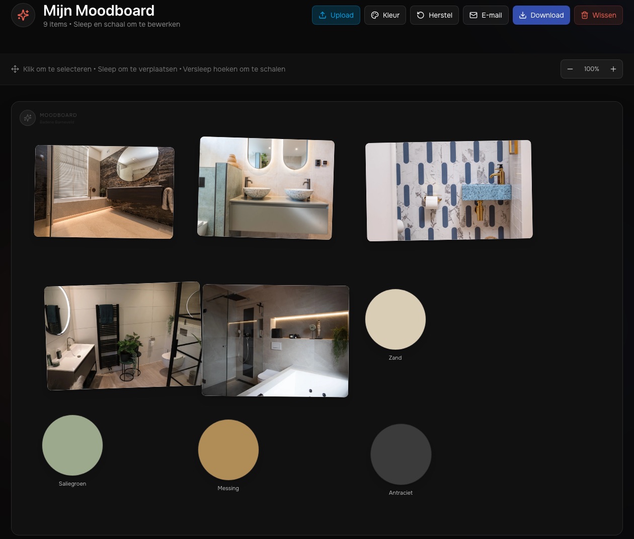Moodboard met vijf badkamerfoto's en de kleurstalen zand, saliegroen, messing en antraciet